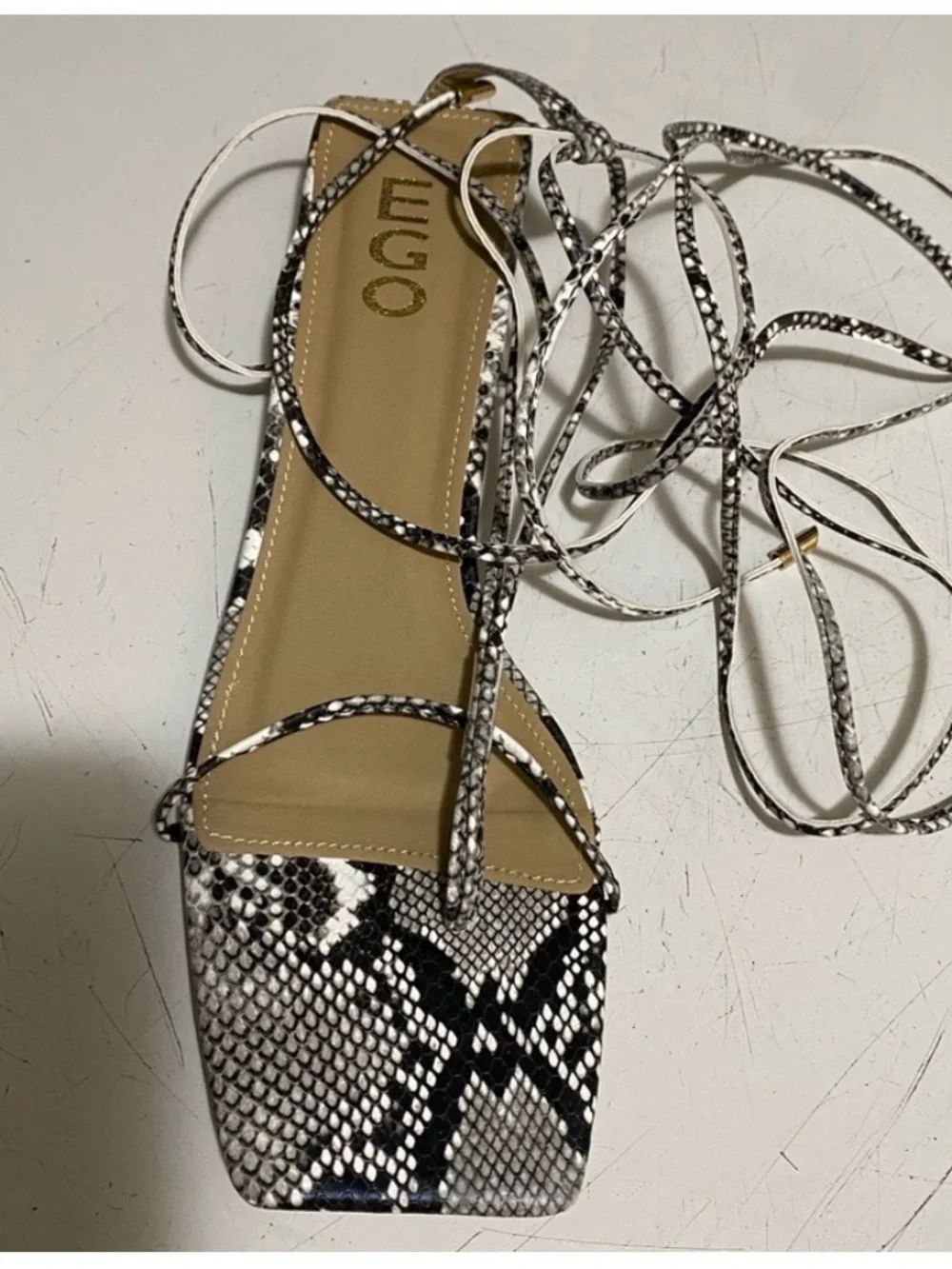 Snake-Print Lace-Up Sandal in Black & White